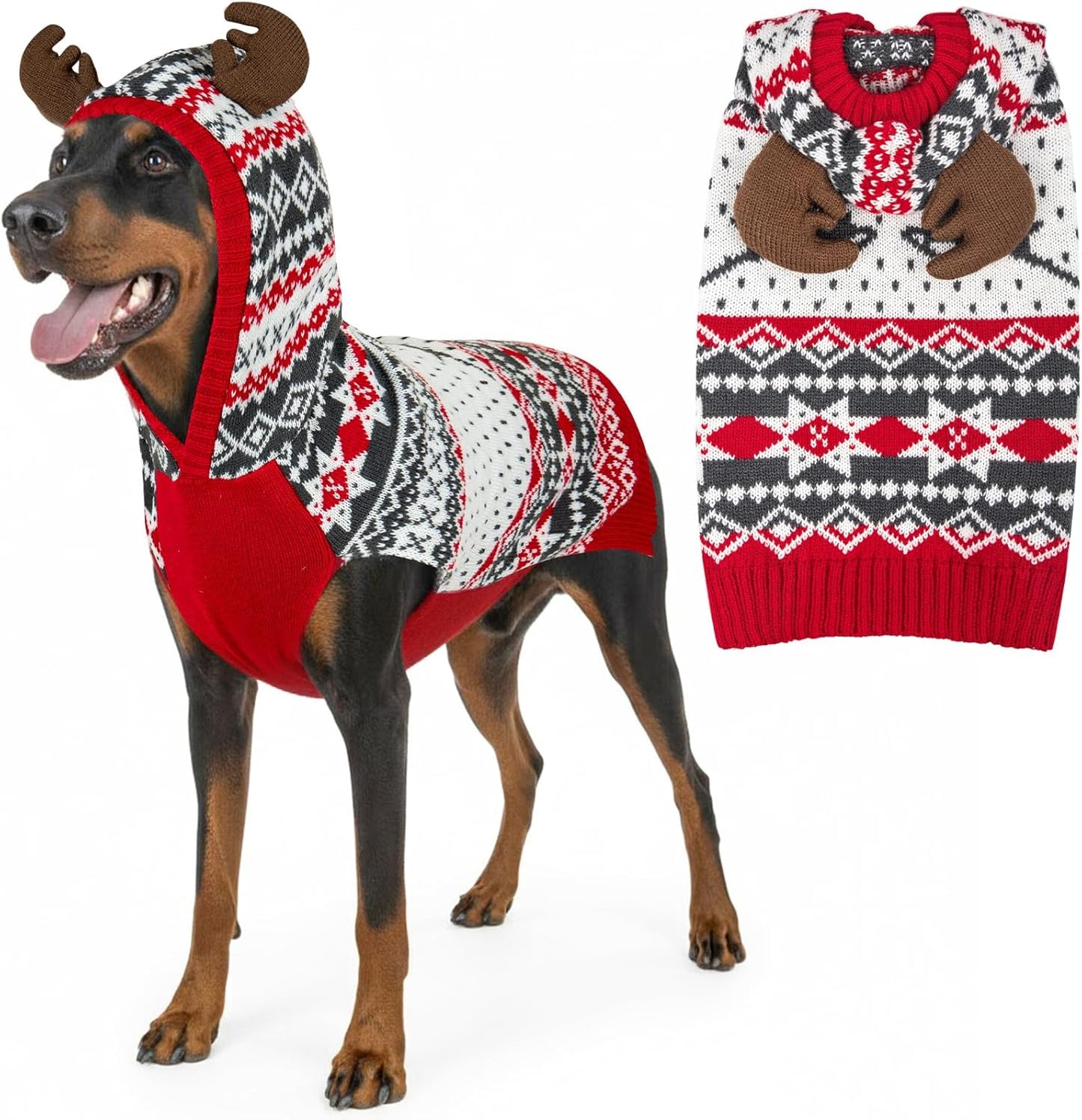Dog Christmas Sweater, Warm Dog Sweater for Small Dogs Boy Girl with Reindeer Antler Hood, Warm Knit Winter Outfit with Leash Hole, Comfortable Pet Clothes for Holiday, Medium