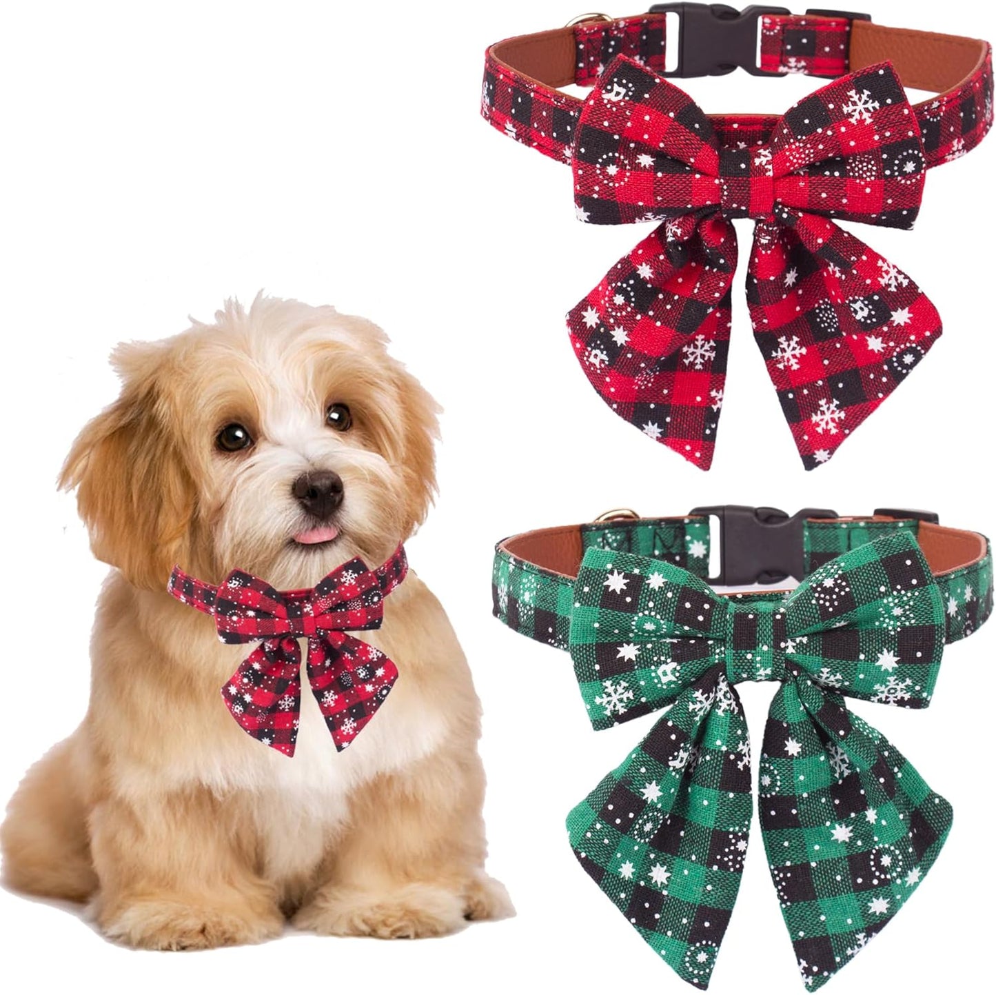 2 Pack Christmas Dog Collar with Bow Tie, Classic Plaid Red Green Dog Collars with Removable Bowtie Christmas Collars for Large Dogs Pets (Large)