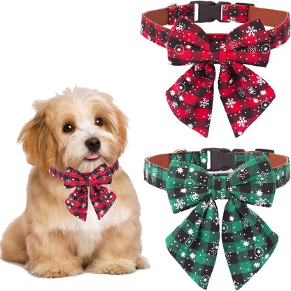 2 Pack Christmas Dog Collar with Bow Tie, Classic Plaid Red Green Dog Collars with Removable Bowtie Christmas Collars for Large Dogs Pets (Large)