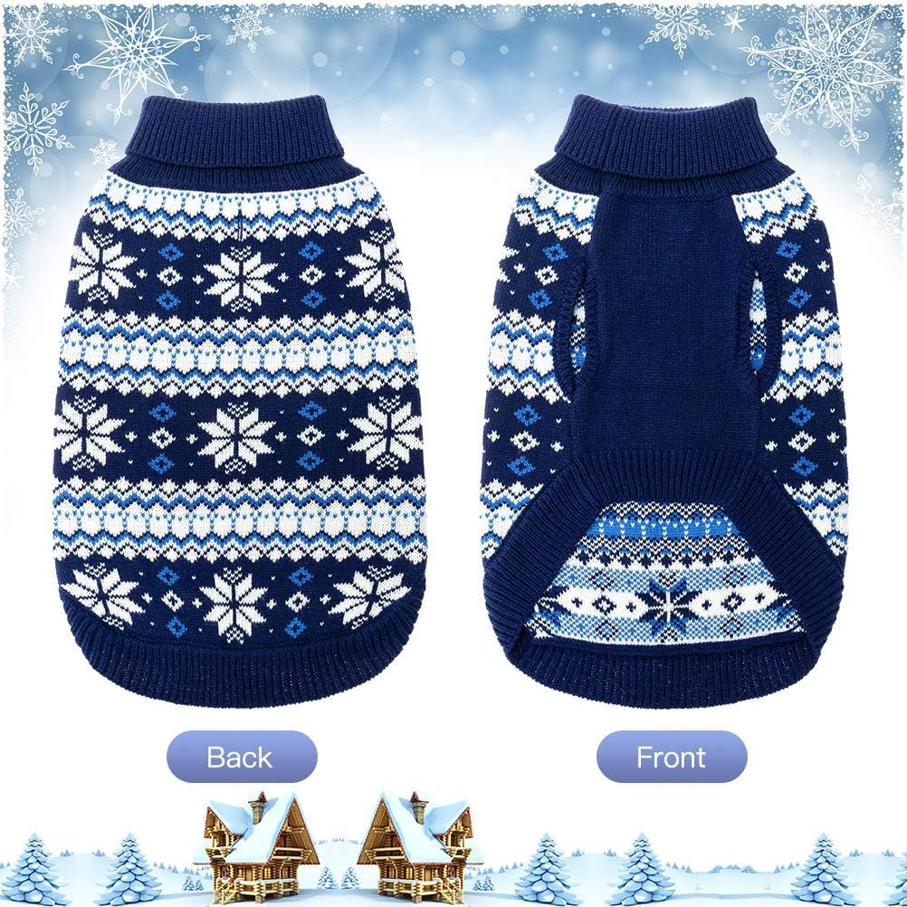 Cable Knit Dog Sweater Turtleneck, Cold Weather Pullover Classic Knitwear, Snowflake Pattern Thick Warm Winter Pet Clothes, Dog Christmas Sweater for Small Medium Large Dogs Cats,Navy Blue SM