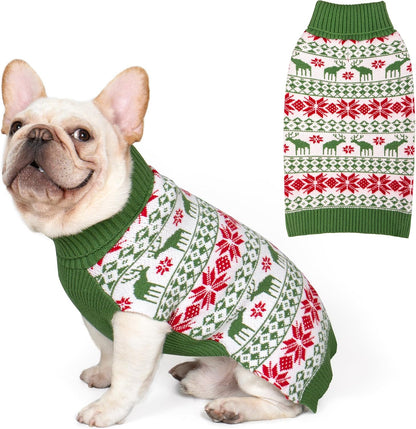 Dog Christmas Sweater with Reindeer Pattern Cozy Winter Outfit Boy Girl Red Buffalo Plaid Knitwear Turtleneck Dog Sweater for Small Dogs with Leash Hole Soft Warm Pet Clothes, Small
