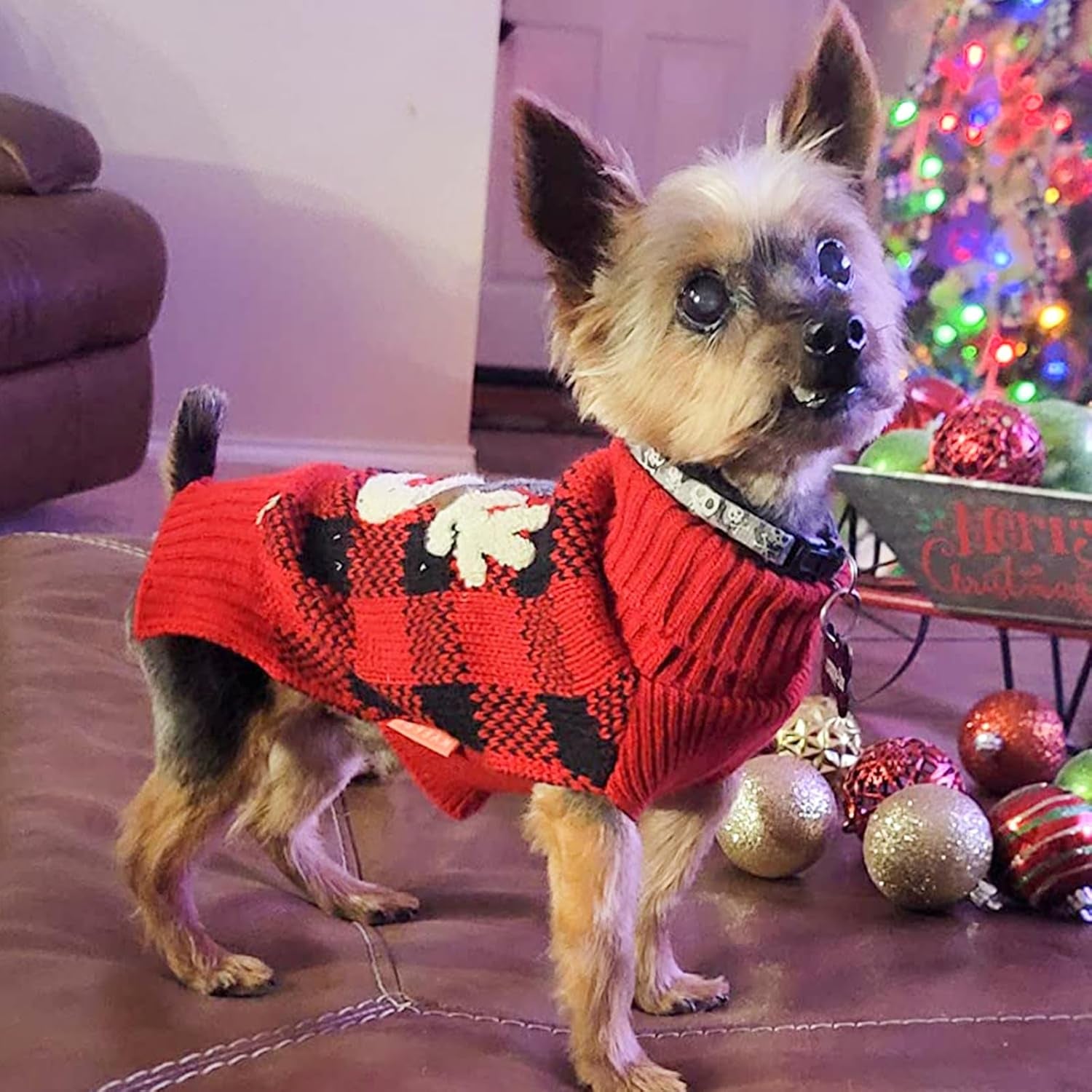 Dog Christmas Sweater with Reindeer Pattern Cozy Winter Outfit Boy Girl Red Buffalo Plaid Knitwear Turtleneck Dog Sweater for Small Dogs with Leash Hole Soft Warm Pet Clothes, Small