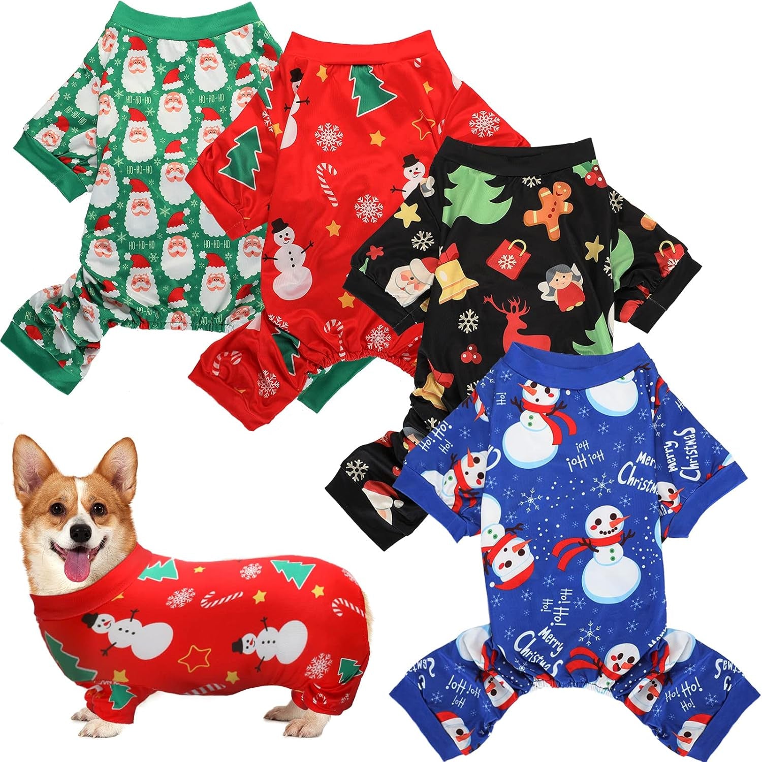 4 Pieces Christmas Dog Pajamas Christmas Element Puppy Clothes Santa Snowman Xmas Holiday Pet Puppy Pajamas Christmas Tree Snowflake Dog Pajama (Santa Patterns,Medium)