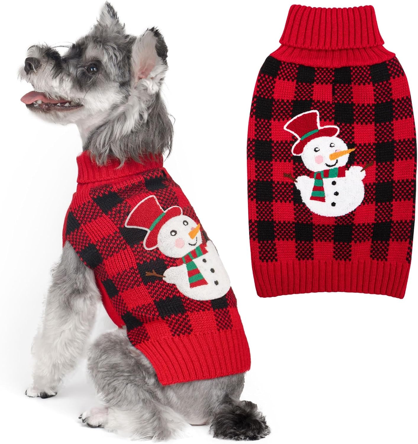 Dog Christmas Sweater with Reindeer Pattern Cozy Winter Outfit Boy Girl Red Buffalo Plaid Knitwear Turtleneck Dog Sweater for Small Dogs with Leash Hole Soft Warm Pet Clothes, Small