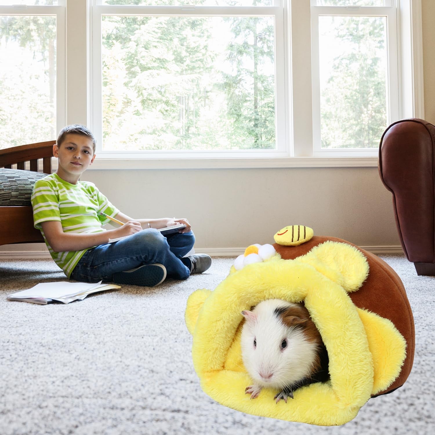 Rabbit Guinea Pig Snuggle Sack Fleece Bed for Cage Small Animal Hamster Chinchilla Bed House for Squirrel Rat (L, Yellow Bee)