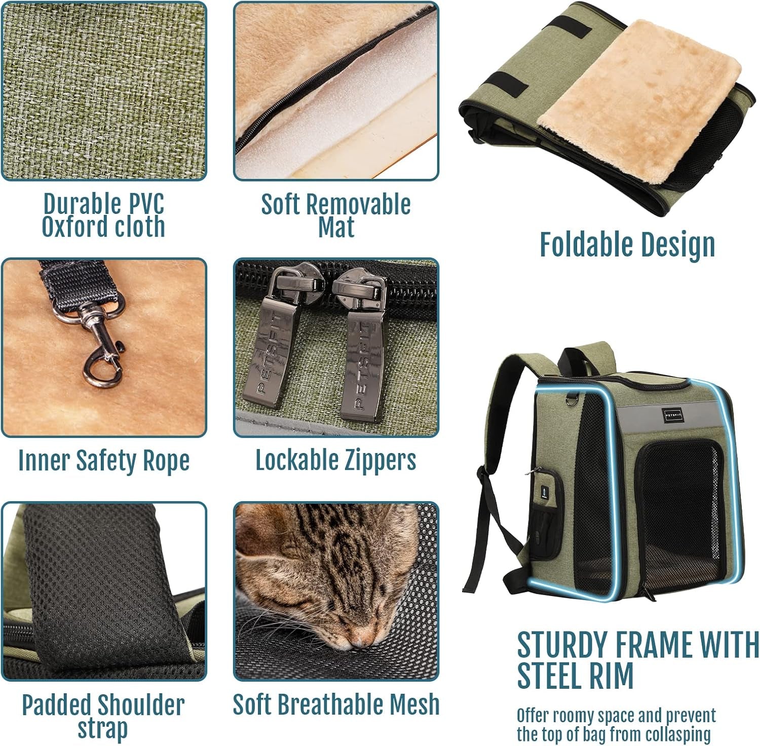 Cat Backpack Carrier with Soft Plush Mat, Cross Ventilation Design, Dog Backpack Easy Fit for Travel Camping Hiking, Hold Pets up to 22 Lbs