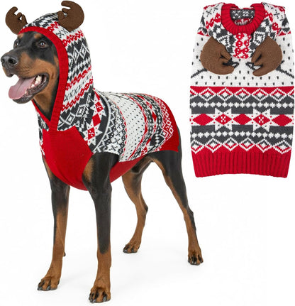 Dog Christmas Sweater, Warm Dog Sweater for Small Dogs Boy Girl with Reindeer Antler Hood, Warm Knit Winter Outfit with Leash Hole, Comfortable Pet Clothes for Holiday, Medium