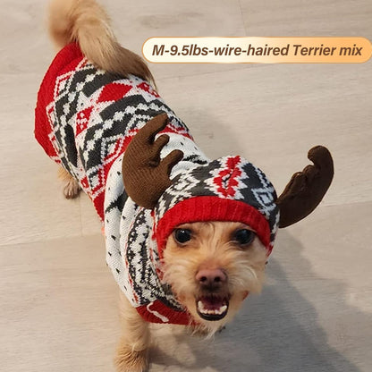 Dog Christmas Sweater, Warm Dog Sweater for Small Dogs Boy Girl with Reindeer Antler Hood, Warm Knit Winter Outfit with Leash Hole, Comfortable Pet Clothes for Holiday, Medium