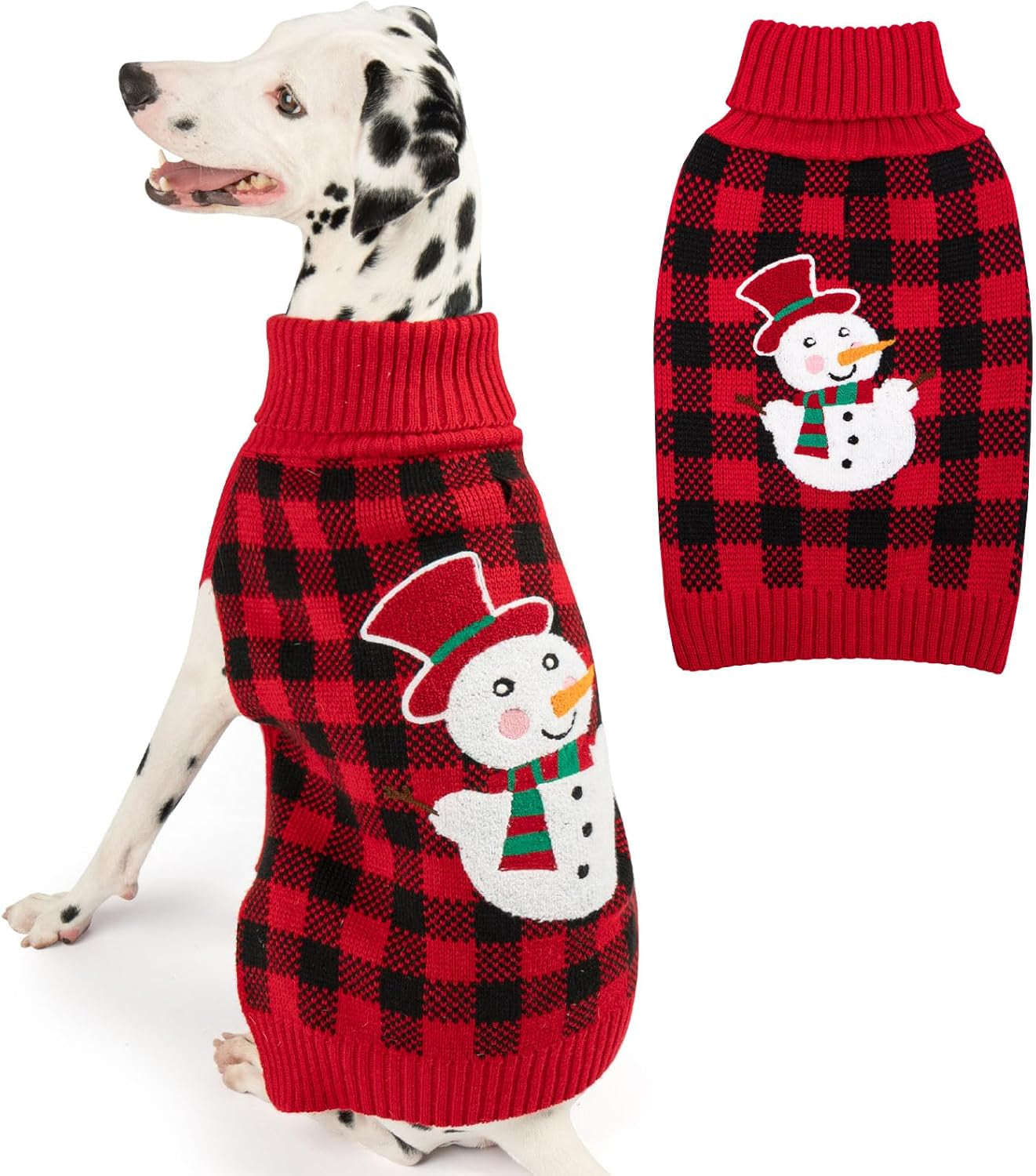Dog Christmas Sweater with Reindeer Pattern Cozy Winter Outfit Boy Girl Red Buffalo Plaid Knitwear Turtleneck Dog Sweater for Small Dogs with Leash Hole Soft Warm Pet Clothes, Small