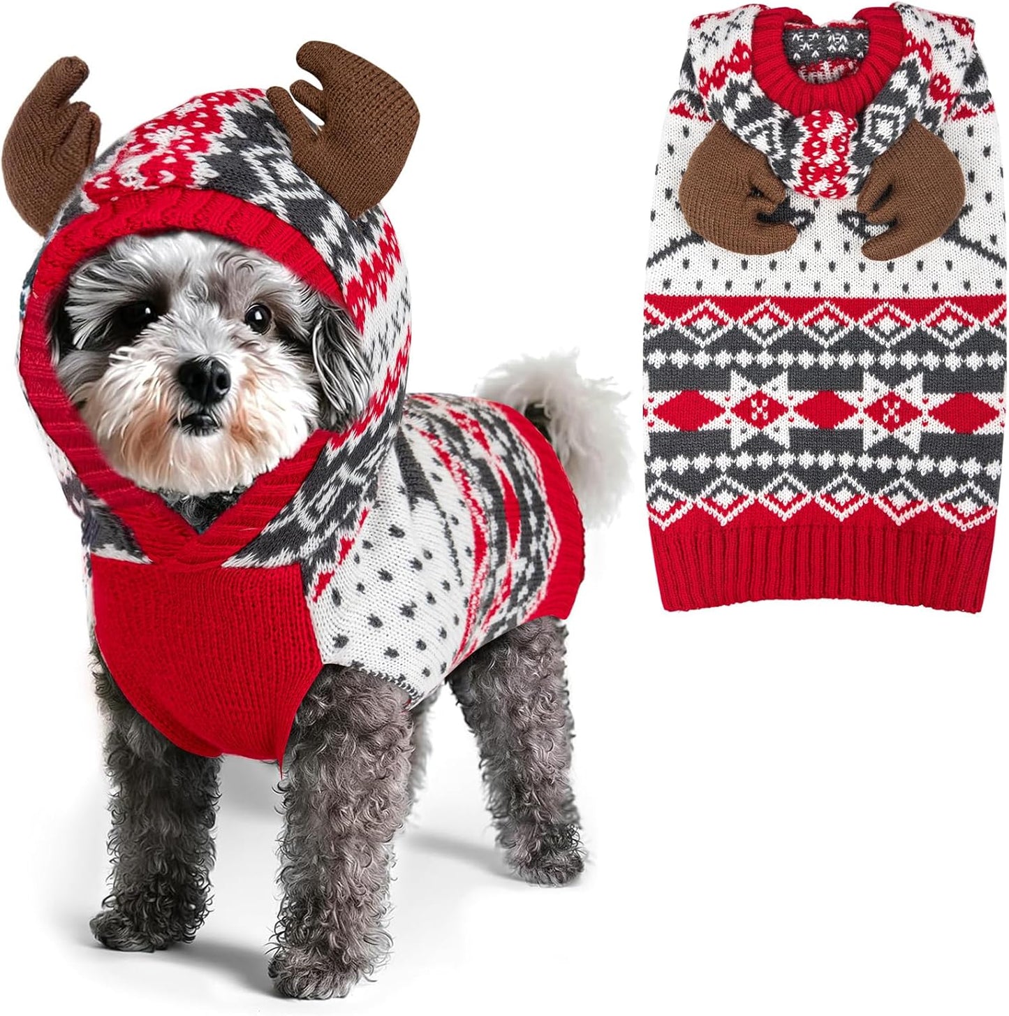 Dog Christmas Sweater, Warm Dog Sweater for Small Dogs Boy Girl with Reindeer Antler Hood, Warm Knit Winter Outfit with Leash Hole, Comfortable Pet Clothes for Holiday, Medium