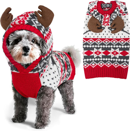 Dog Christmas Sweater, Warm Dog Sweater for Small Dogs Boy Girl with Reindeer Antler Hood, Warm Knit Winter Outfit with Leash Hole, Comfortable Pet Clothes for Holiday, Medium