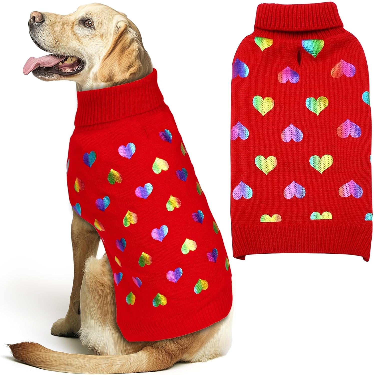 Dog Christmas Sweater with Reindeer Pattern Cozy Winter Outfit Boy Girl Red Buffalo Plaid Knitwear Turtleneck Dog Sweater for Small Dogs with Leash Hole Soft Warm Pet Clothes, Small