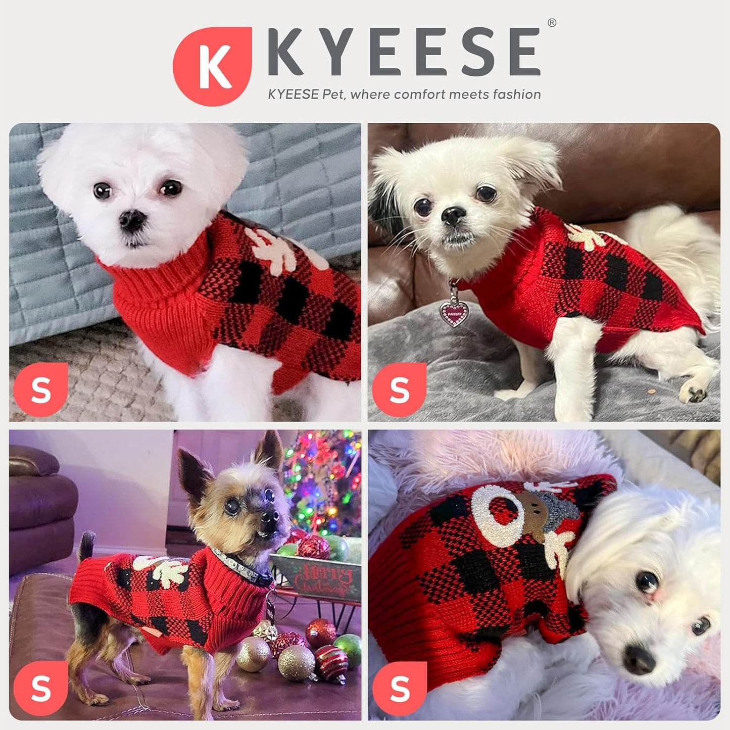 Dog Christmas Sweater with Reindeer Pattern Cozy Winter Outfit Boy Girl Red Buffalo Plaid Knitwear Turtleneck Dog Sweater for Small Dogs with Leash Hole Soft Warm Pet Clothes, Small
