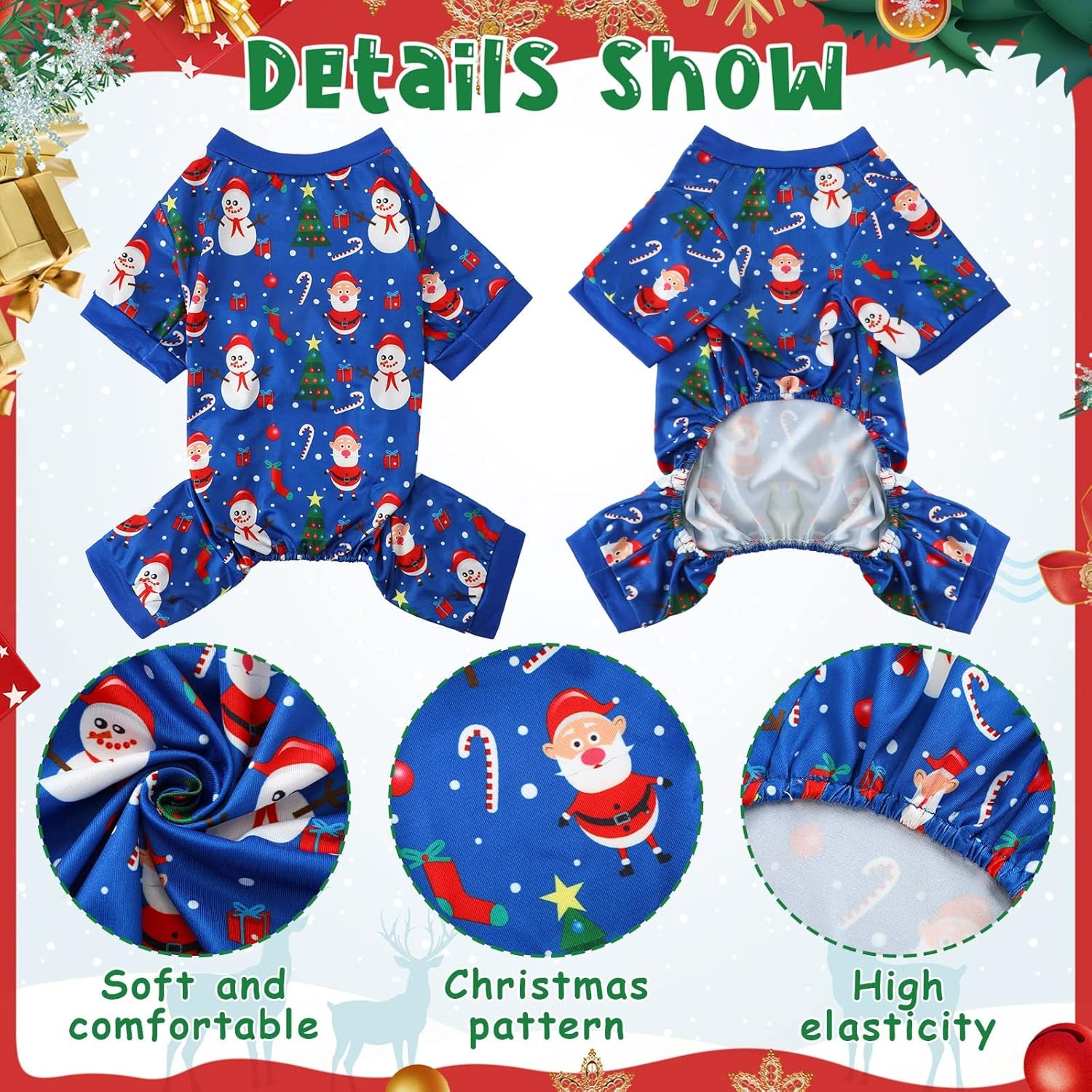 4 Pieces Christmas Dog Pajamas Christmas Element Puppy Clothes Santa Snowman Xmas Holiday Pet Puppy Pajamas Christmas Tree Snowflake Dog Pajama (Santa Patterns,Large)