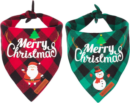 2 Pack Dog Bandana Christmas Classic Plaid Pet Scarf Triangle Bibs Kerchief Merry Christmas Red Santa Snowman Bandana for Medium Large Dogs Pets (Large)