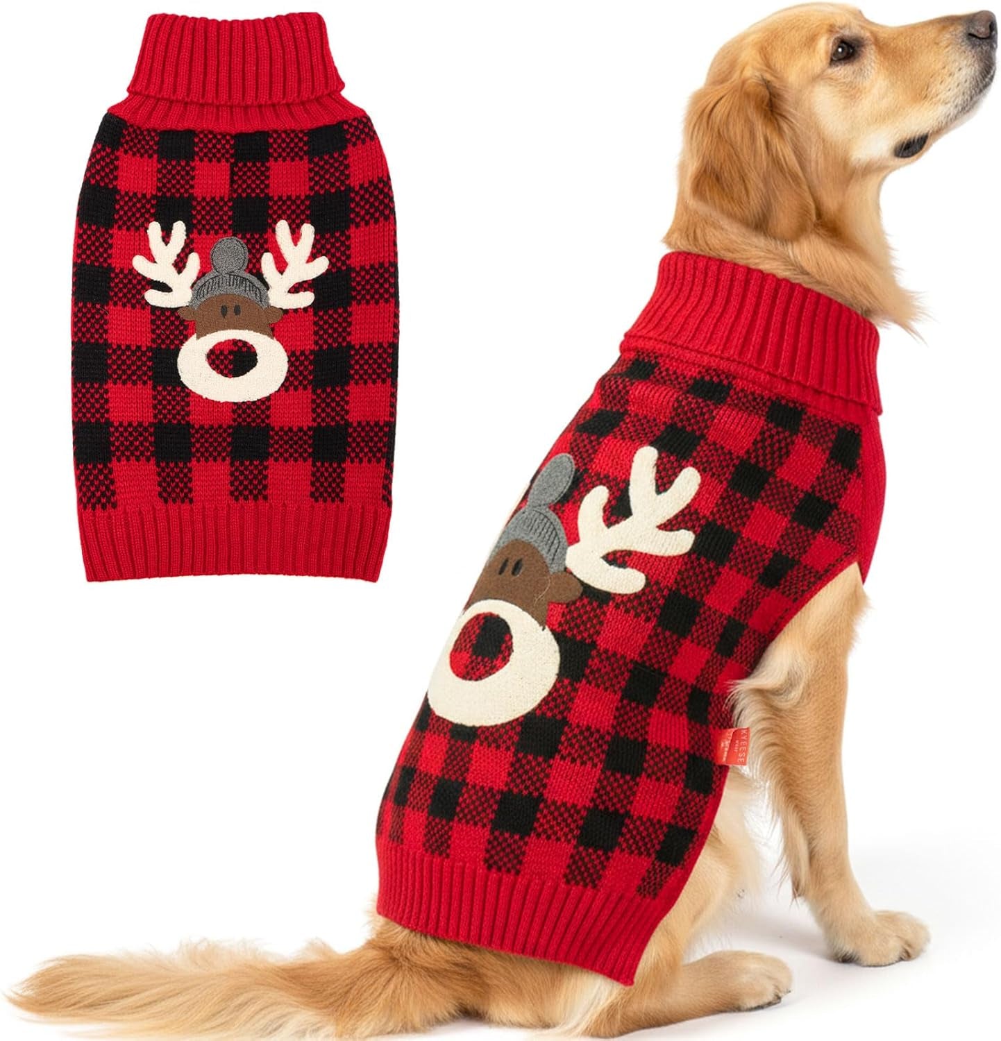 Dog Christmas Sweater with Reindeer Pattern Cozy Winter Outfit Boy Girl Red Buffalo Plaid Knitwear Turtleneck Dog Sweater for Small Dogs with Leash Hole Soft Warm Pet Clothes, Small
