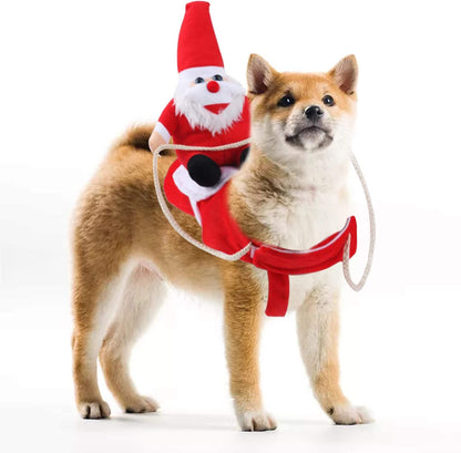 Christmas Dog Santa Claus Costume, Funny Pet Cat Halloween Cosplay, Riding, Red, Large, Polyester Cotton, Easy to Clean, Adjustable, Comfortable, Water Resistant, All Breeds, All Life Stages