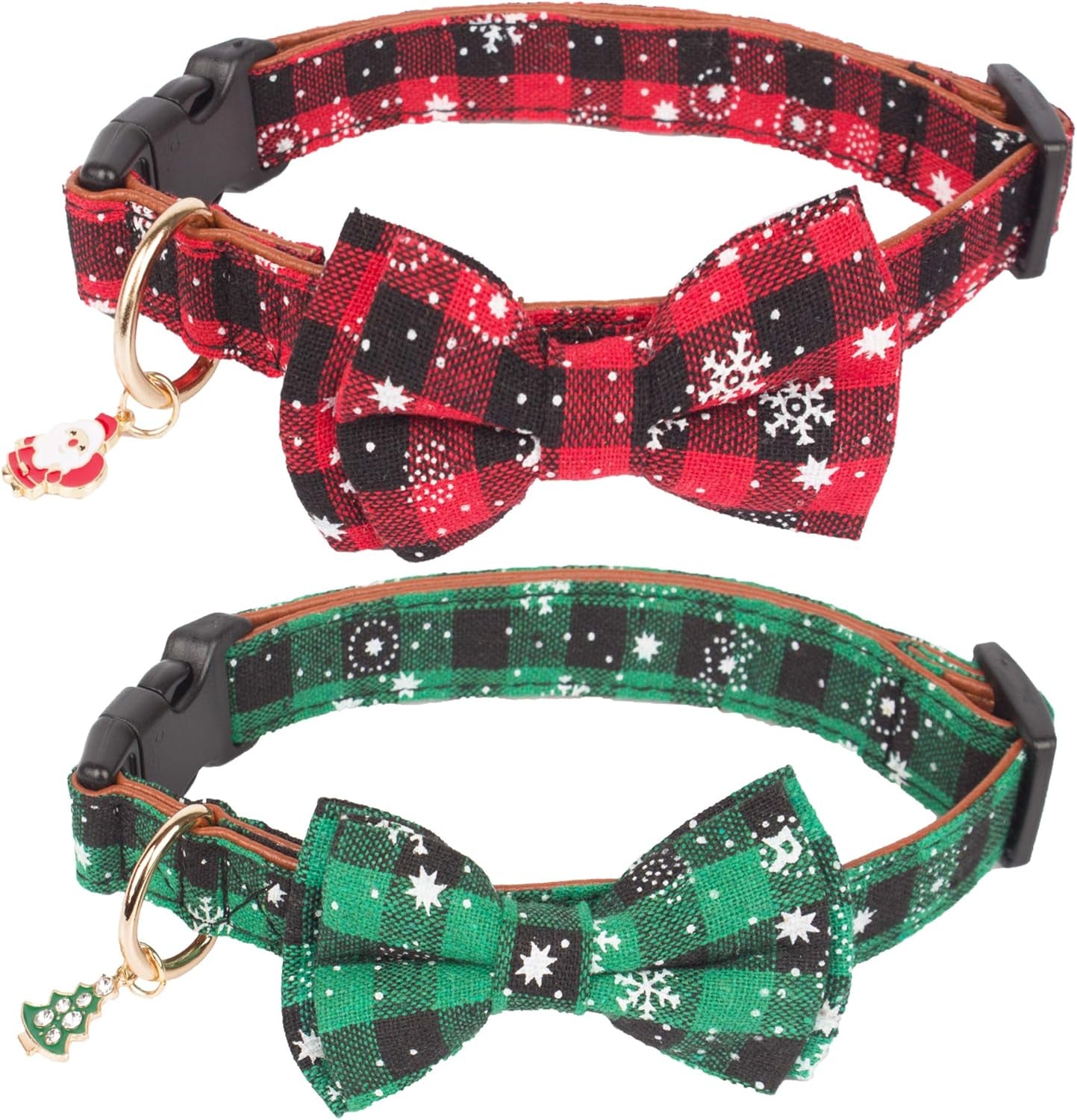2 Pack Christmas Dog Collar with Bow Tie, Classic Plaid Red Green Dog Collars with Removable Bowtie Christmas Collars for Large Dogs Pets (Large)