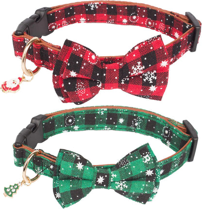 2 Pack Christmas Dog Collar with Bow Tie, Classic Plaid Red Green Dog Collars with Removable Bowtie Christmas Collars for Large Dogs Pets (Large)