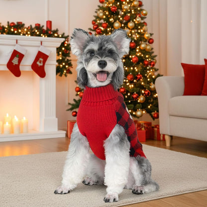 Dog Christmas Sweater with Reindeer Pattern Cozy Winter Outfit Boy Girl Red Buffalo Plaid Knitwear Turtleneck Dog Sweater for Small Dogs with Leash Hole Soft Warm Pet Clothes, Small
