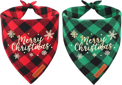 2 Pack Dog Bandana Christmas Classic Plaid Pet Scarf Triangle Bibs Kerchief Merry Christmas Red Santa Snowman Bandana for Medium Large Dogs Pets (Large)