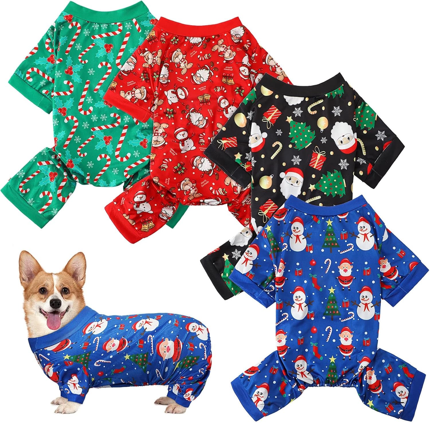 4 Pieces Christmas Dog Pajamas Christmas Element Puppy Clothes Santa Snowman Xmas Holiday Pet Puppy Pajamas Christmas Tree Snowflake Dog Pajama (Santa Patterns,Large)