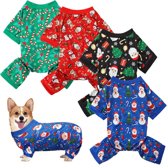 4 Pieces Christmas Dog Pajamas Christmas Element Puppy Clothes Santa Snowman Xmas Holiday Pet Puppy Pajamas Christmas Tree Snowflake Dog Pajama (Santa Patterns,Large)